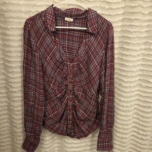 Pilcro Anthropologie‎ Plaid L Button Front Ruched Long Sleeve Blouse Top  Fall